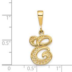 14K Gold Polished Filigree Initial E Pendant  Elegant Script Design