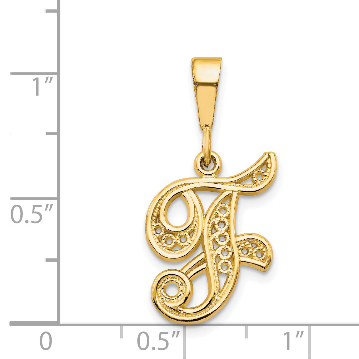 14K Gold Polished Filigree Initial F Pendant  Elegant Large Script Design