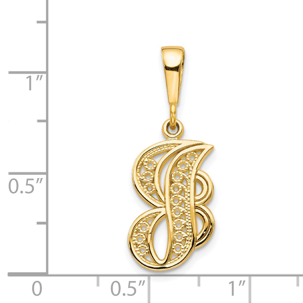 14K Yellow Gold Polished Script Filigree Letter J Pendant Elegant and Large