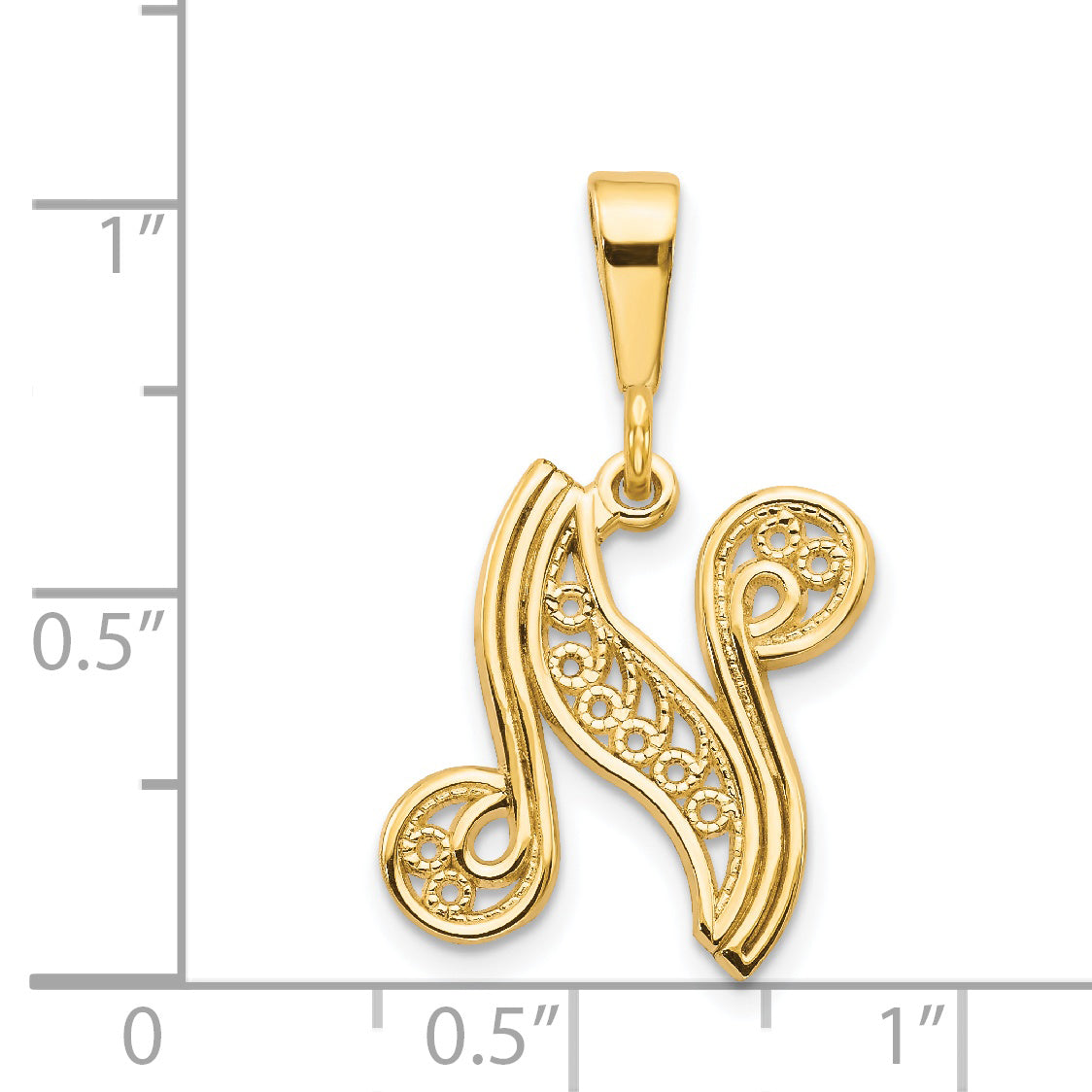 14K Gold Polished Filigree Script Letter N Pendant Elegant & Large