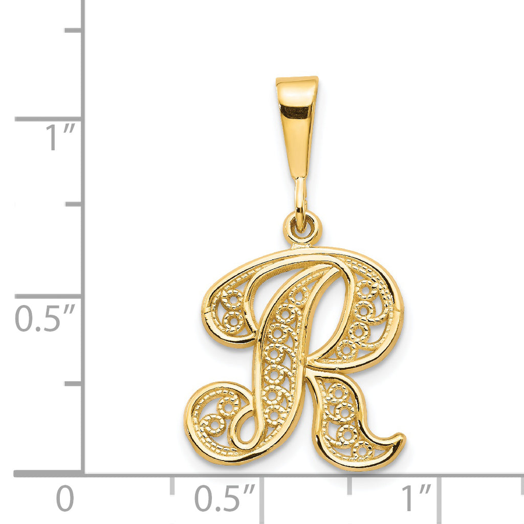 14K Gold Polished Filigree Letter R Script Pendant  Elegant Large Design