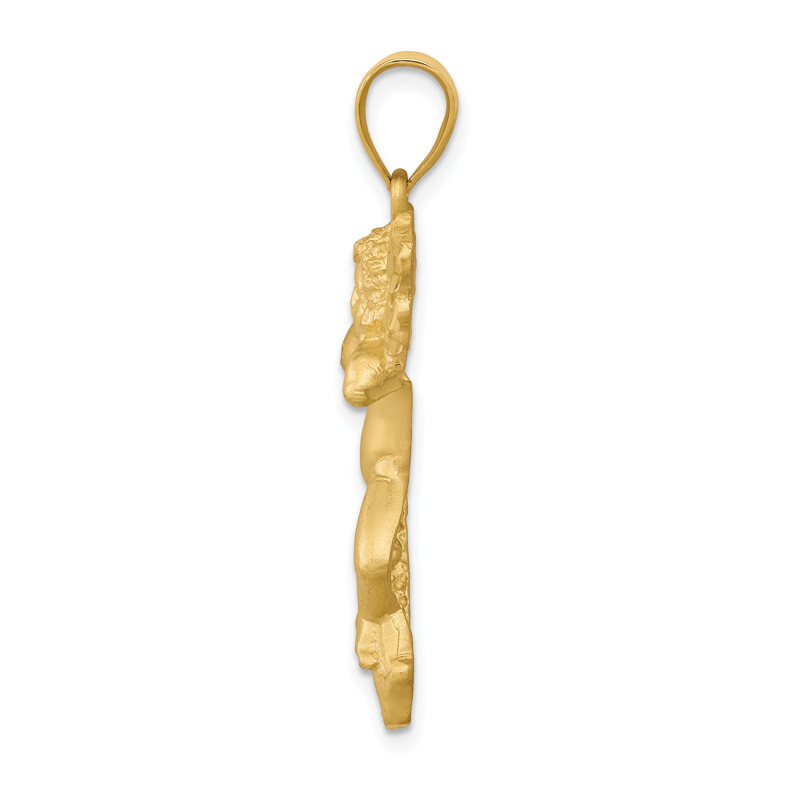 14K Gold Satin Angel Pendant Casted Solid Design, 38mm Length