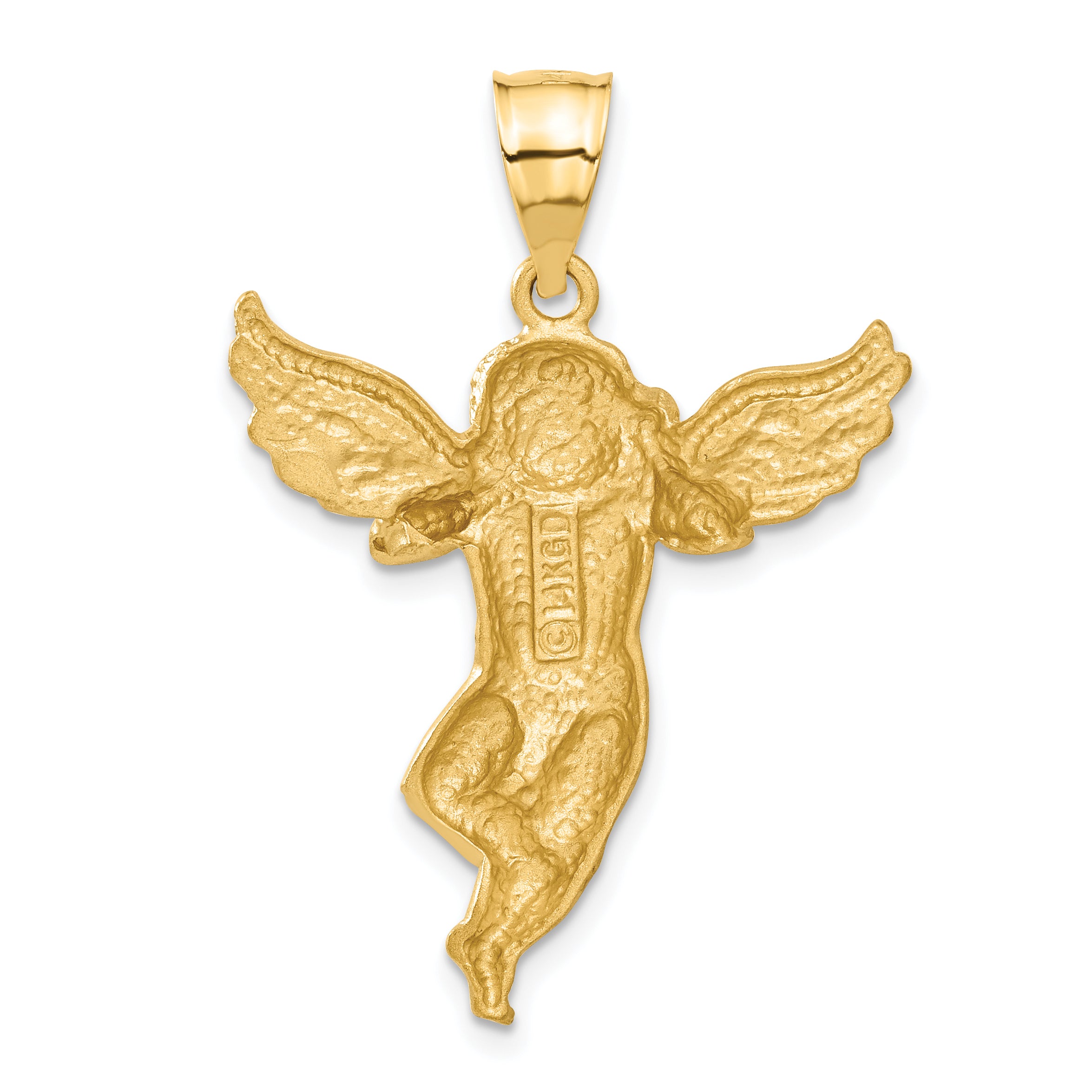 14K Gold Satin Angel Pendant Casted Solid Design, 38mm Length