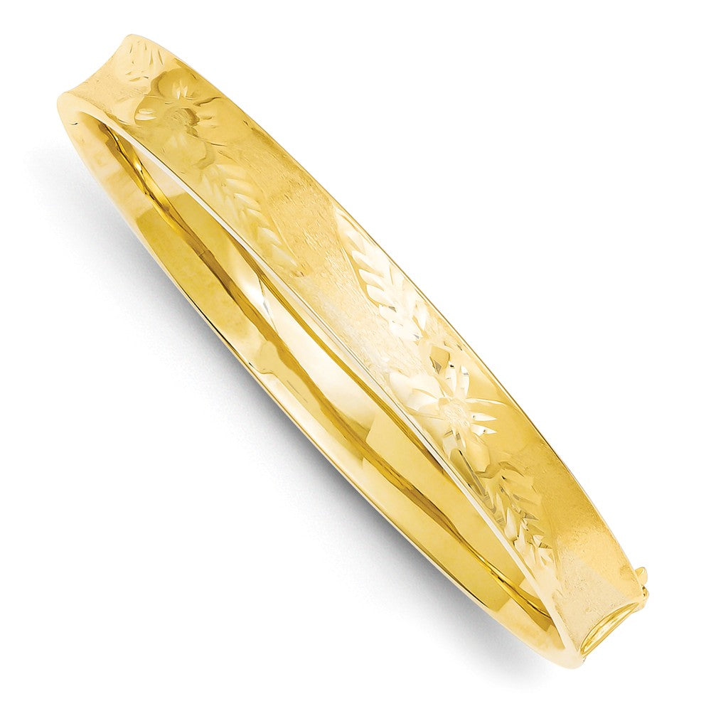 14K Gold Diamond-Cut Hinged Bangle Bracelet with Safety Bar