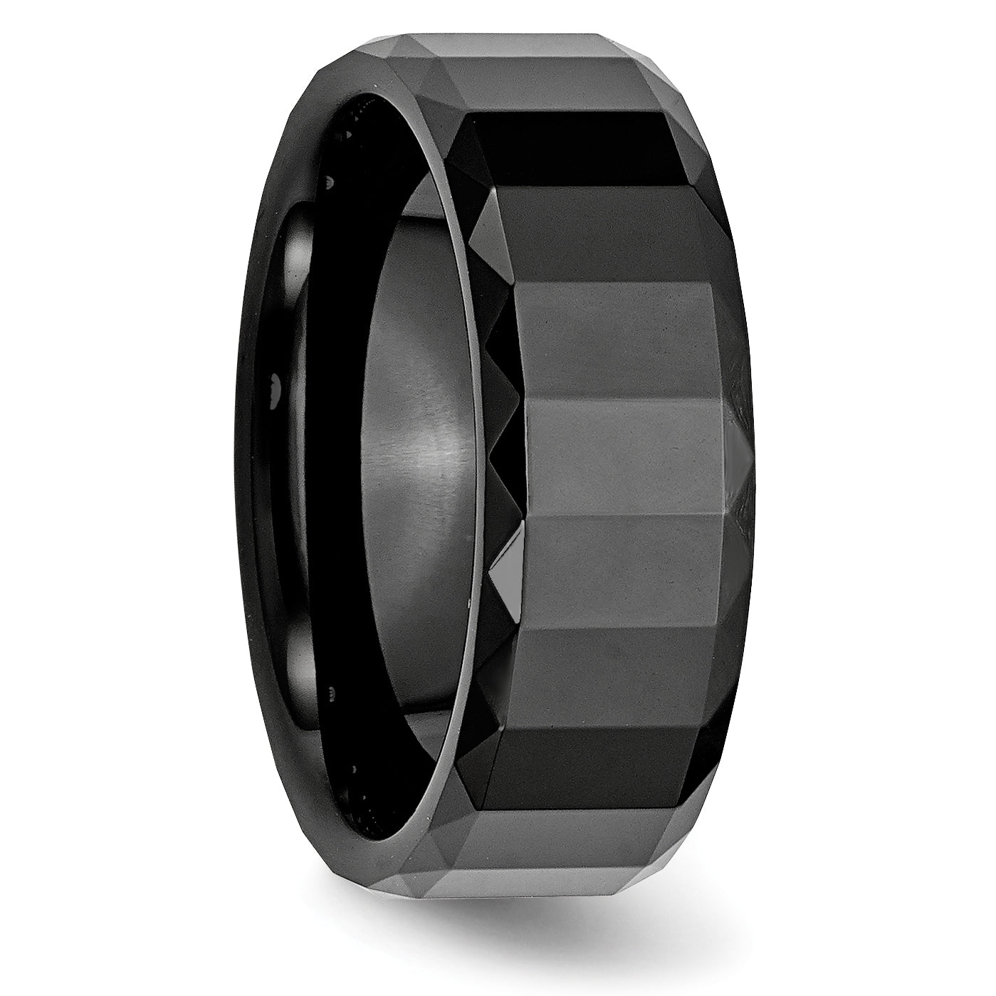 Ceramic Black Faceted 8mm Polished Beveled Edge Band