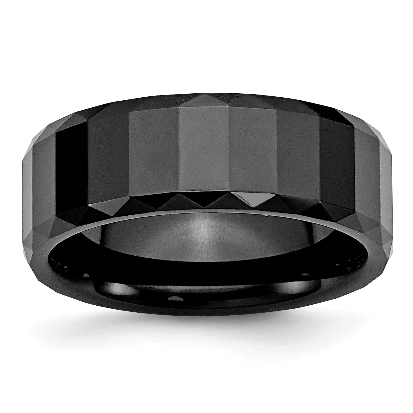 Ceramic Black Faceted 8mm Polished Beveled Edge Band