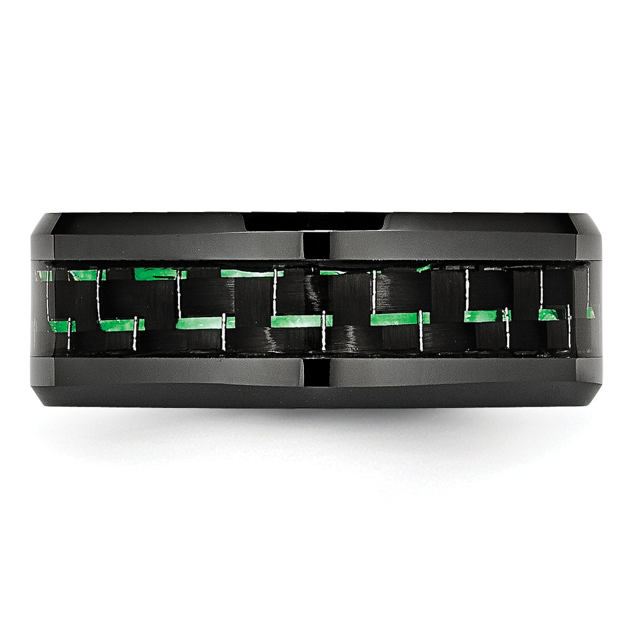 Carbon Fiber Inlay Beveled Wedding Band in Black Ceramic, 8mm
