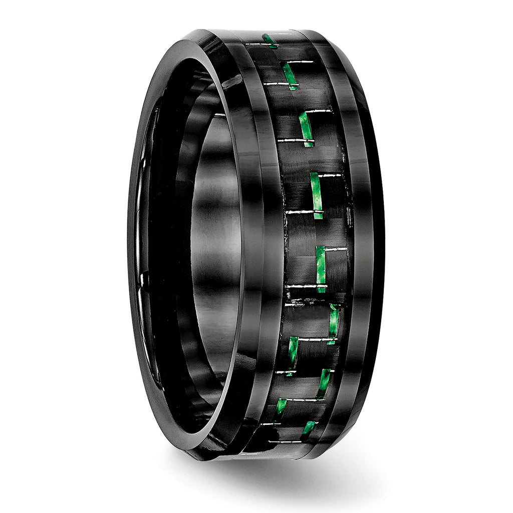 Carbon Fiber Inlay Beveled Wedding Band in Black Ceramic, 8mm