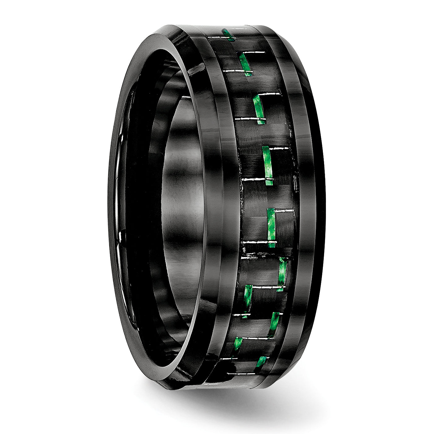 Carbon Fiber Inlay Beveled Wedding Band in Black Ceramic, 8mm