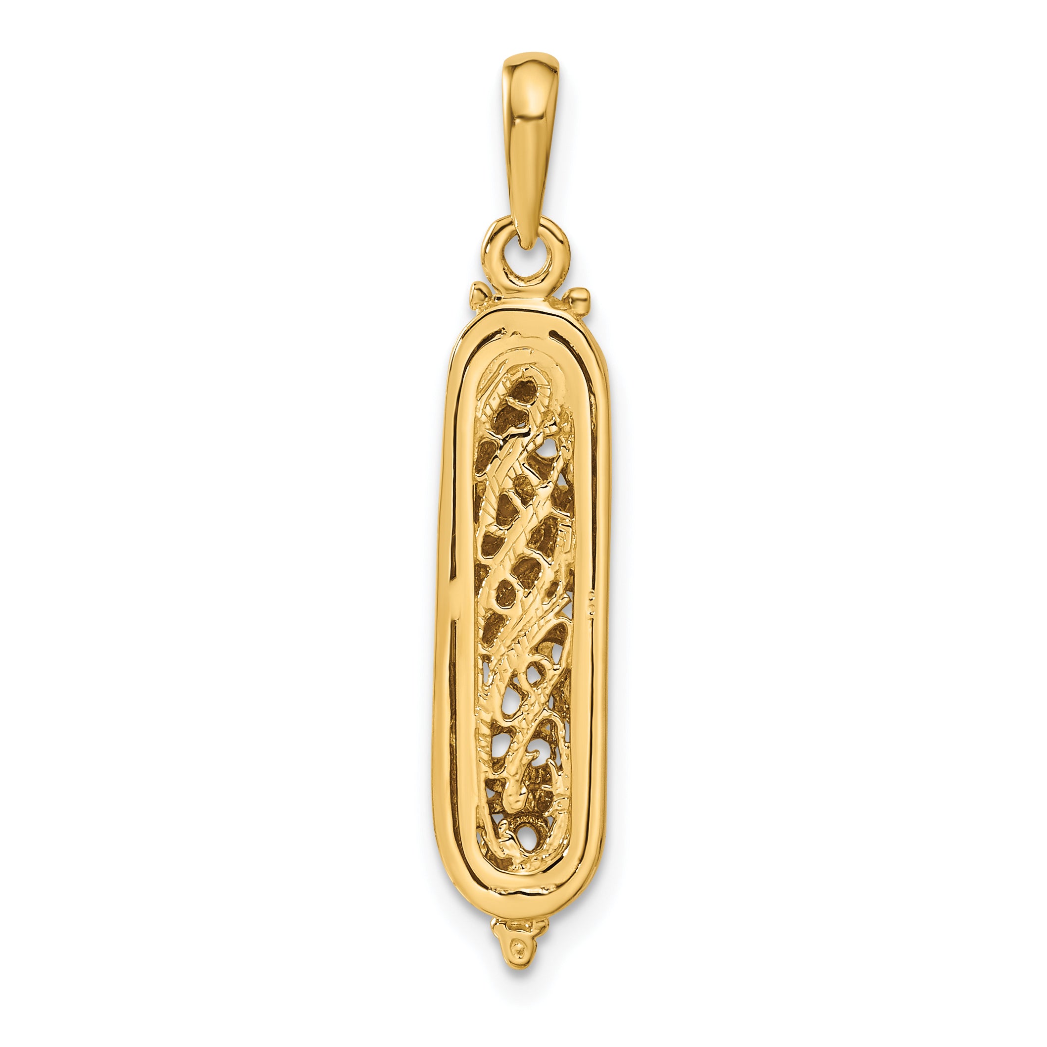 14K Gold Mezuzah Pendant with White Rhodium 3D Shin Charm, Polished Finish