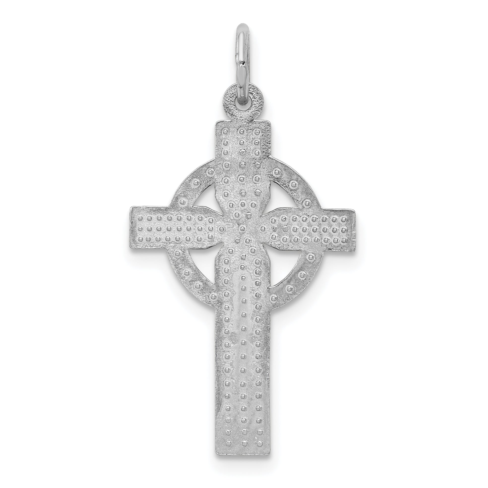 14K White Gold Celtic Cross Charm with Polished Finish and Rhodium Plating