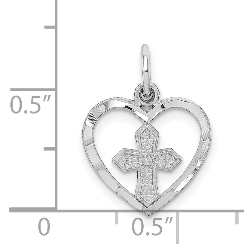 14K White Gold Cross in Heart Charm with Rhodium Finish, Elegant & Gift-Ready