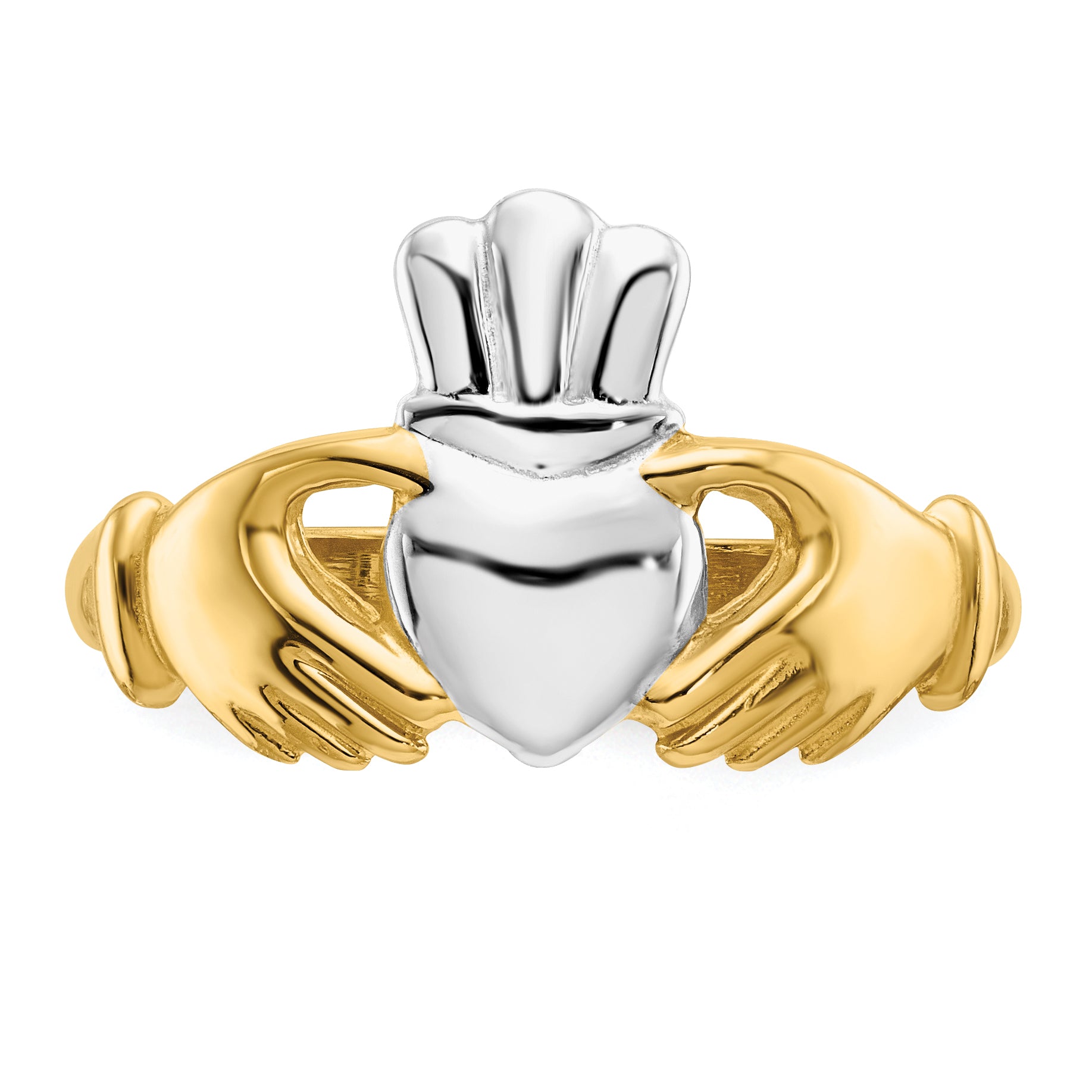14k Polished and Rhodium Claddagh Ring - 6.5