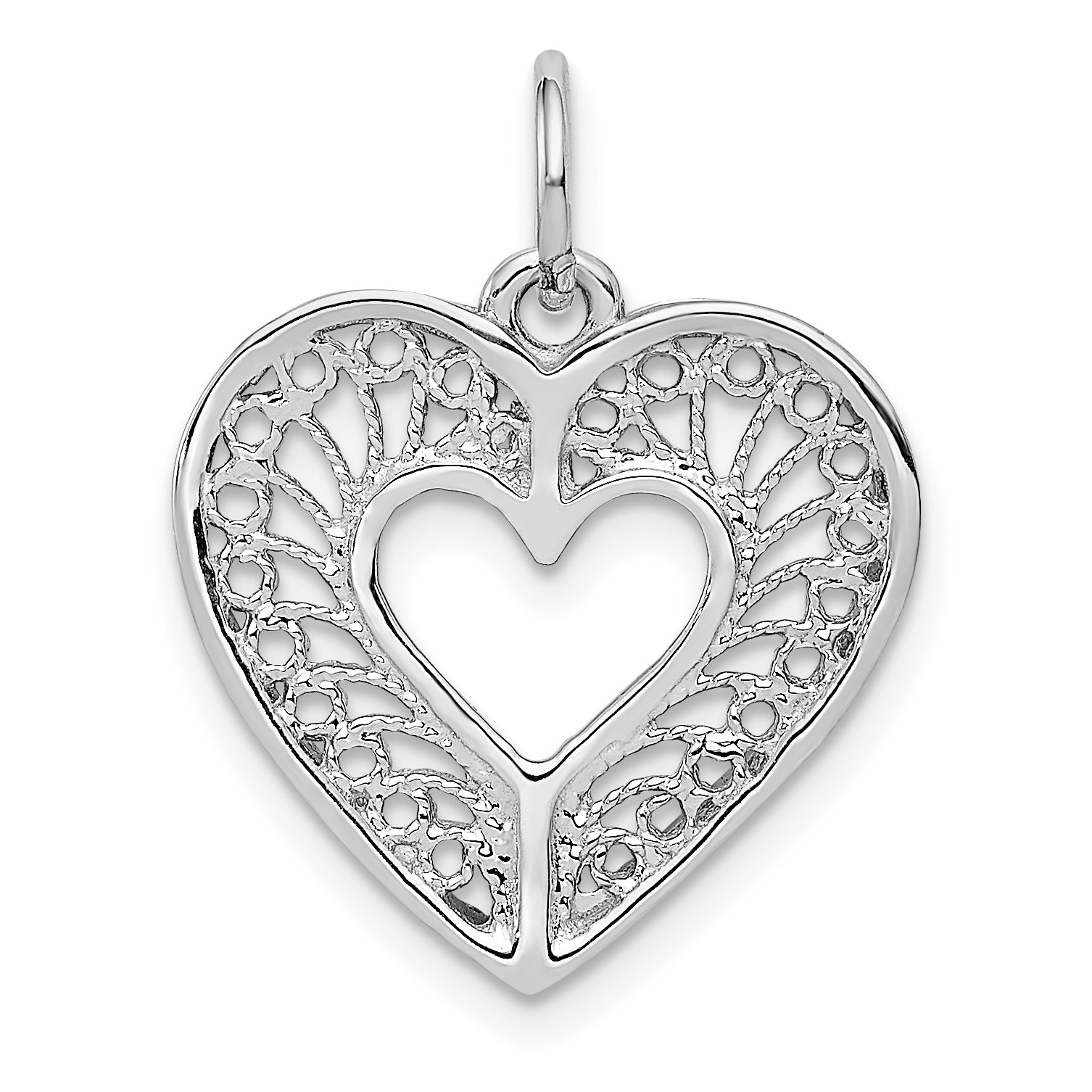 14k White Gold Solid Diamond-cut Fancy Filigree Heart Charm Main image