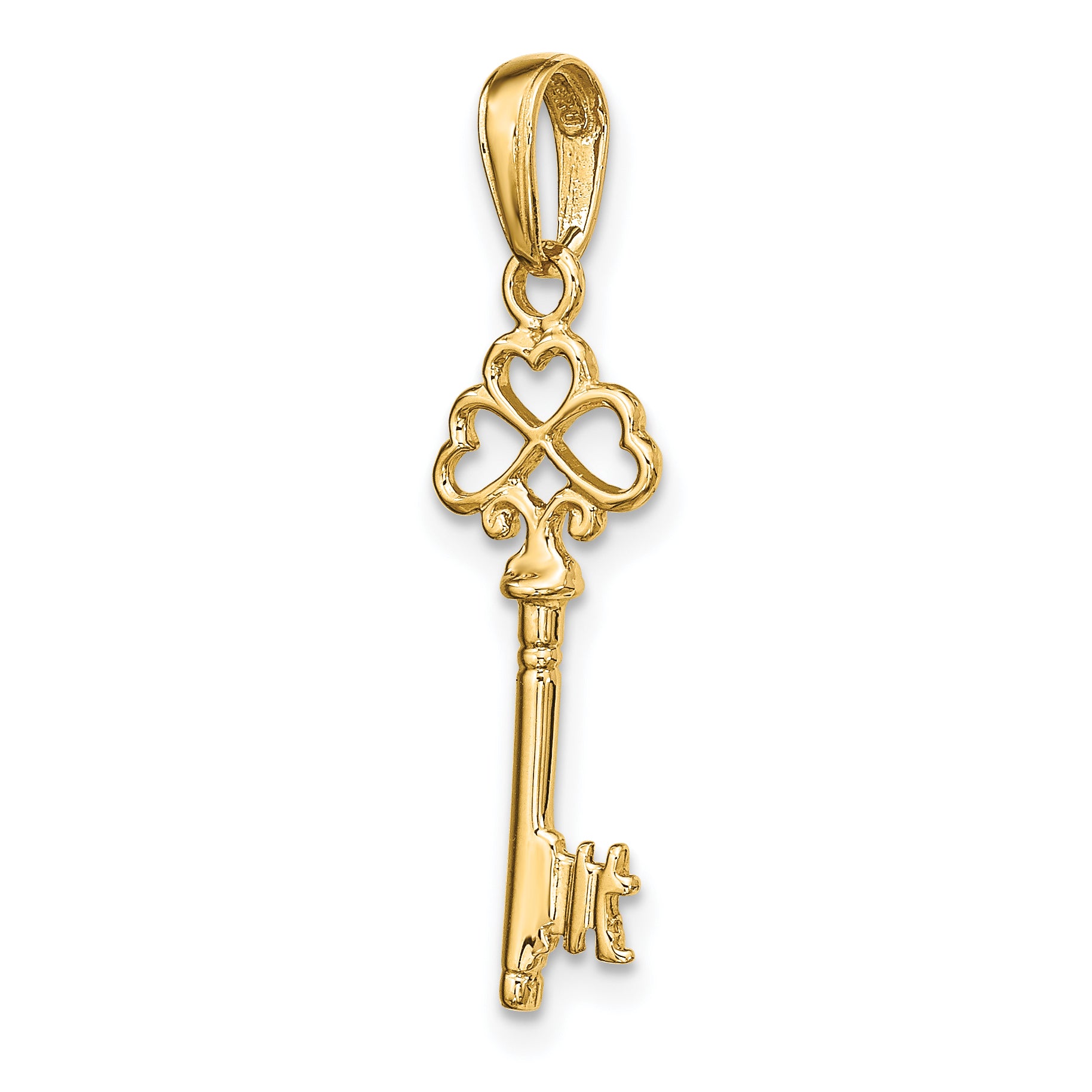 14K Gold Polished 3D Hearts Key Charm Elegant Casted Design