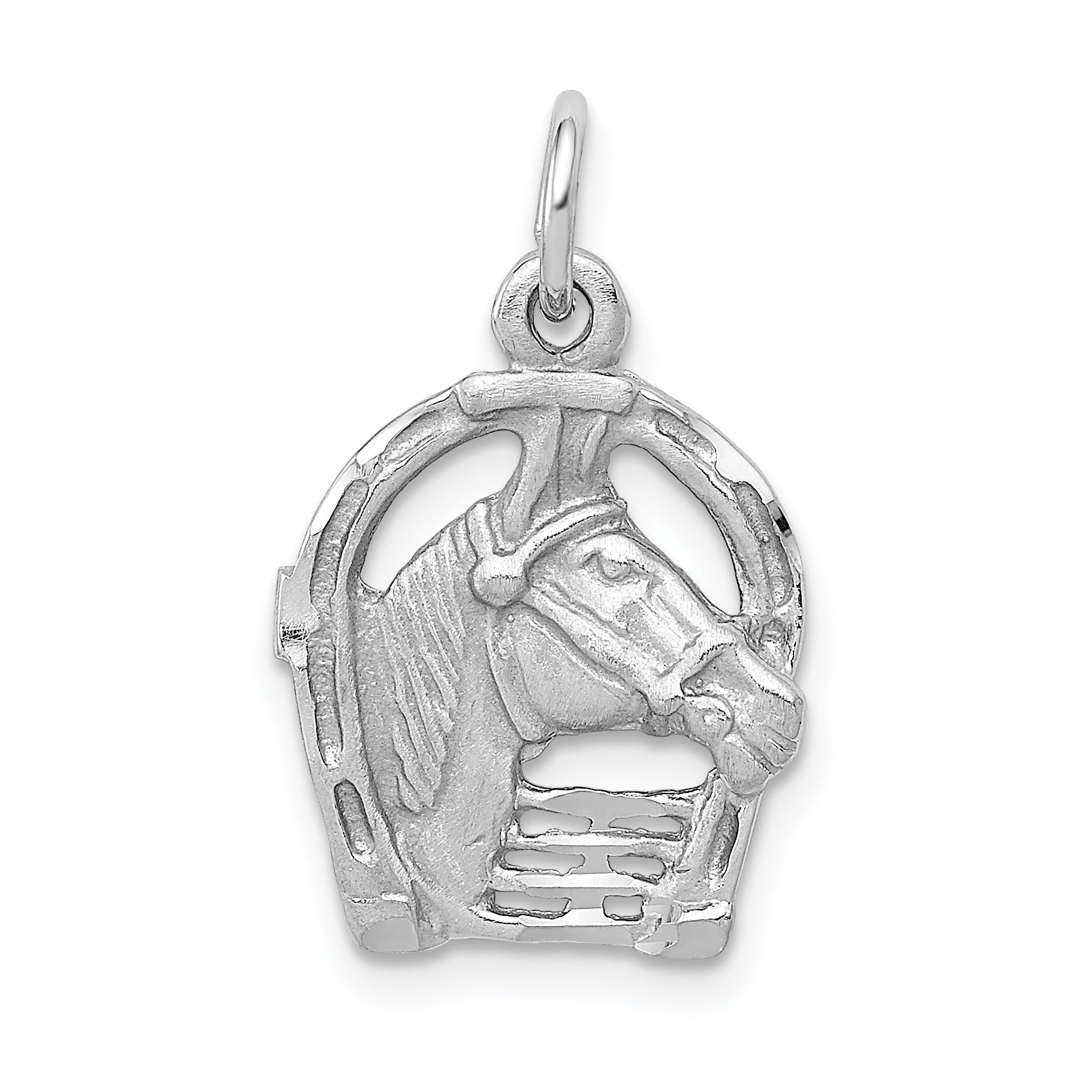 14k White Gold Diamond-cut Horse Head in Horseshoe Charm Main image