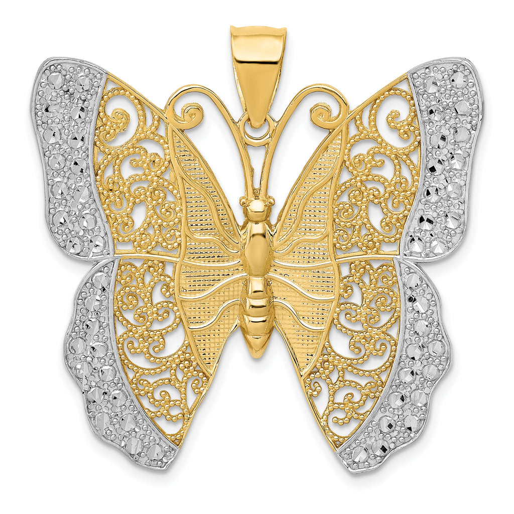 14k w/ Rhodium Solid Polished Diamond-cut Filigree Butterfly Pendant