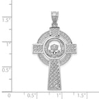 14K White Gold Celtic Claddagh Cross Pendant with Rhodium Finish