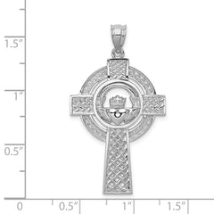 14K White Gold Celtic Claddagh Cross Pendant with Rhodium Finish