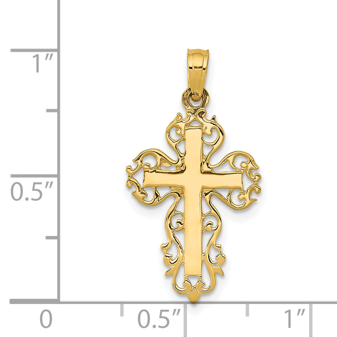 14K Gold Polished Filigree Cross Charm Elegant Casted Design