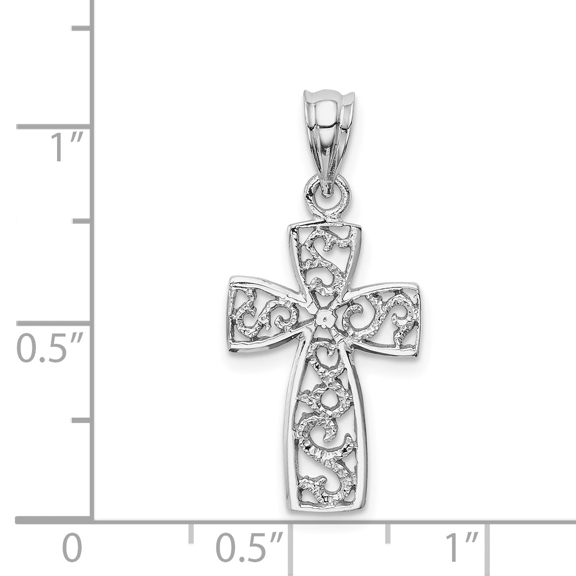 14K White Gold Filigree Cross Pendant with Rhodium Plating, Reversible Design