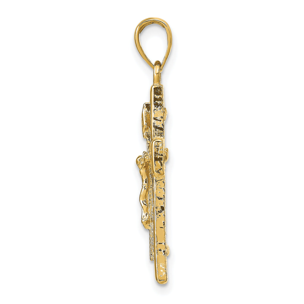14K Gold Polished Crucifix Pendant with Textured Design Elegant & Solid