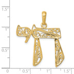 14K Gold Filigree Chai Pendant with Polished Finish, Elegant and Solid Design