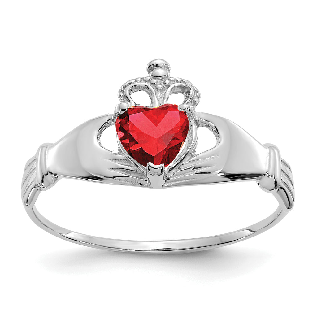 14k White Gold CZ January Birthstone Claddagh Heart Ring