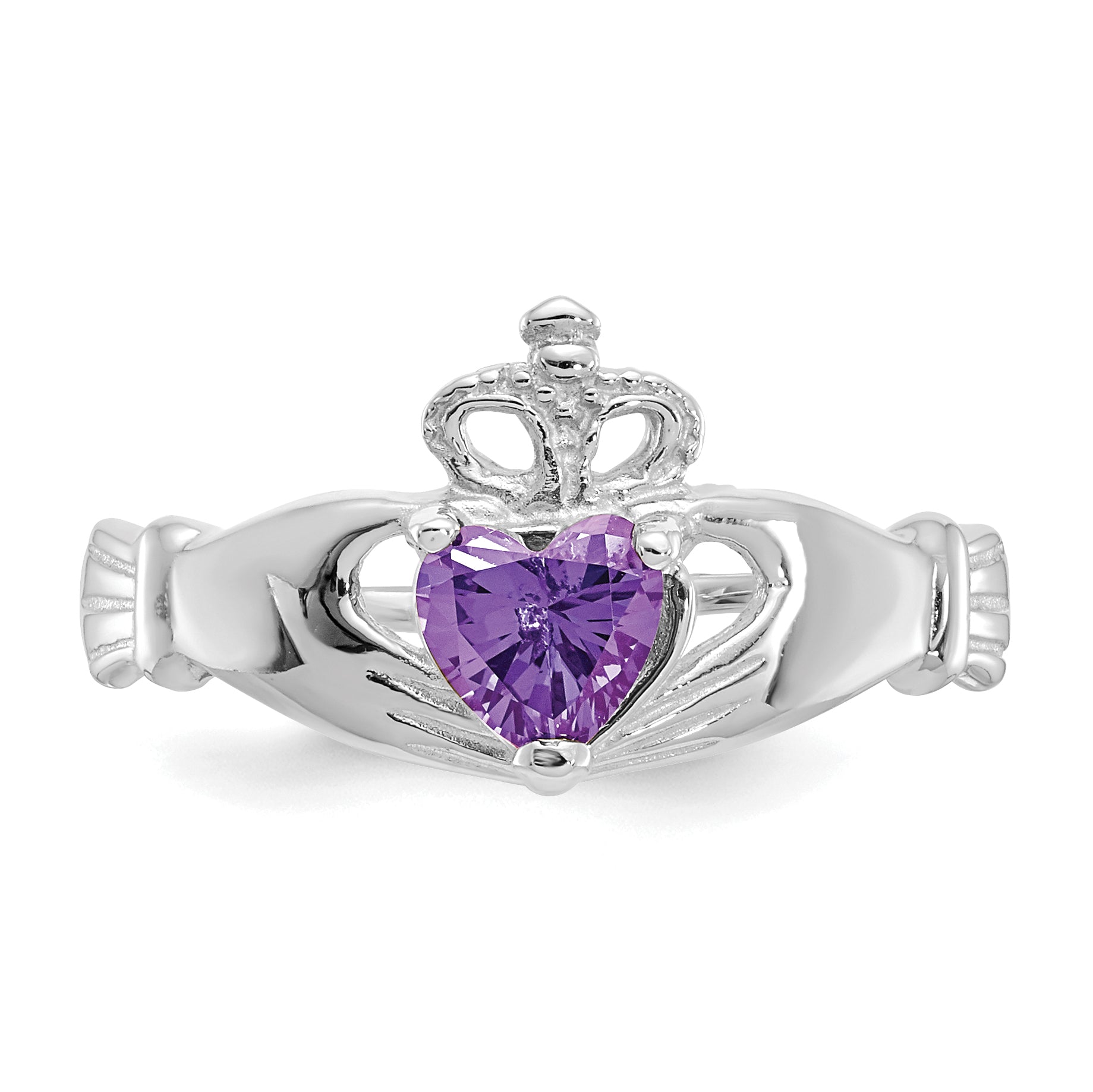 14k White Gold CZ February Birthstone Claddagh Heart Ring