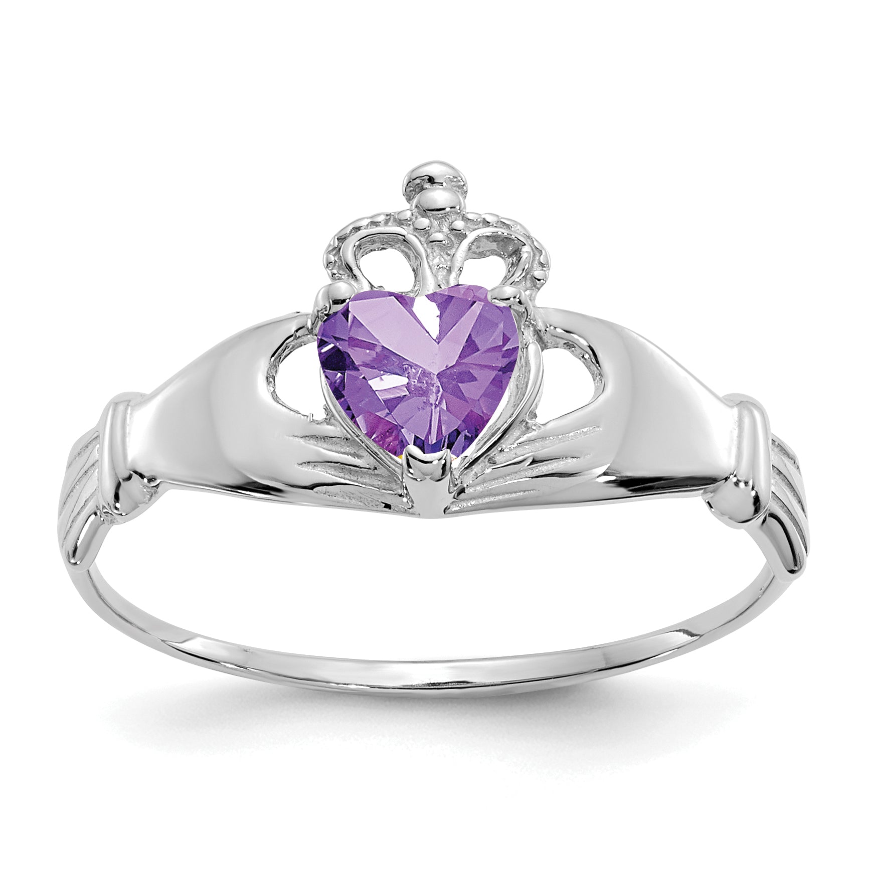 14k White Gold CZ February Birthstone Claddagh Heart Ring Main image