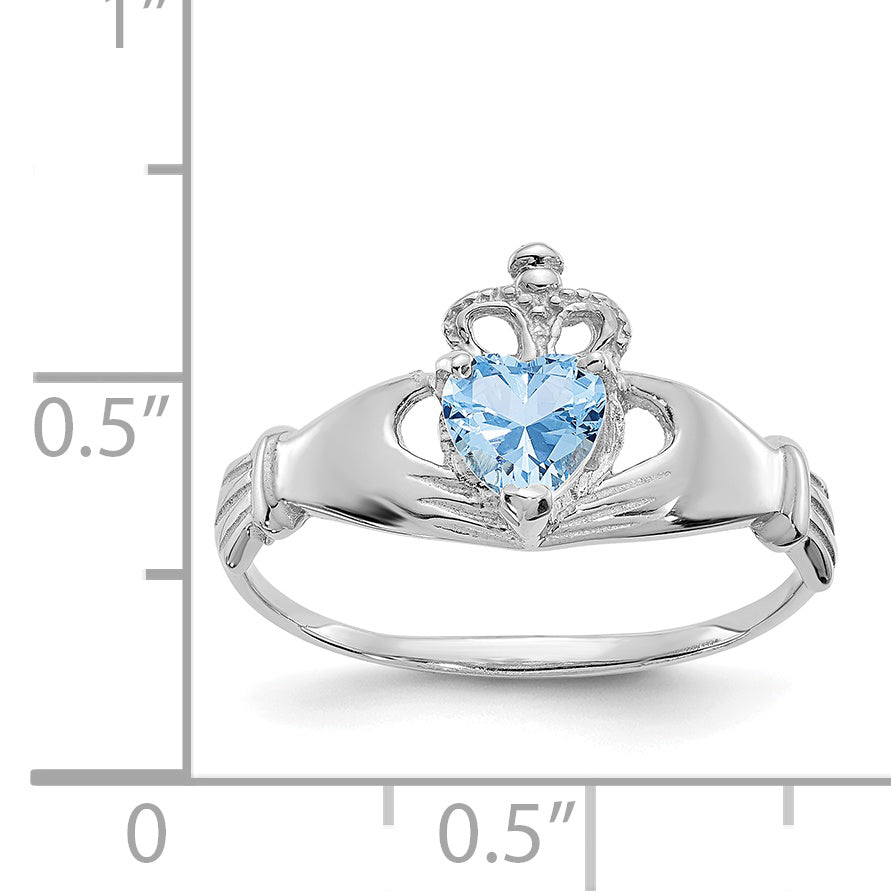 14k White Gold CZ March Birthstone Claddagh Heart Ring