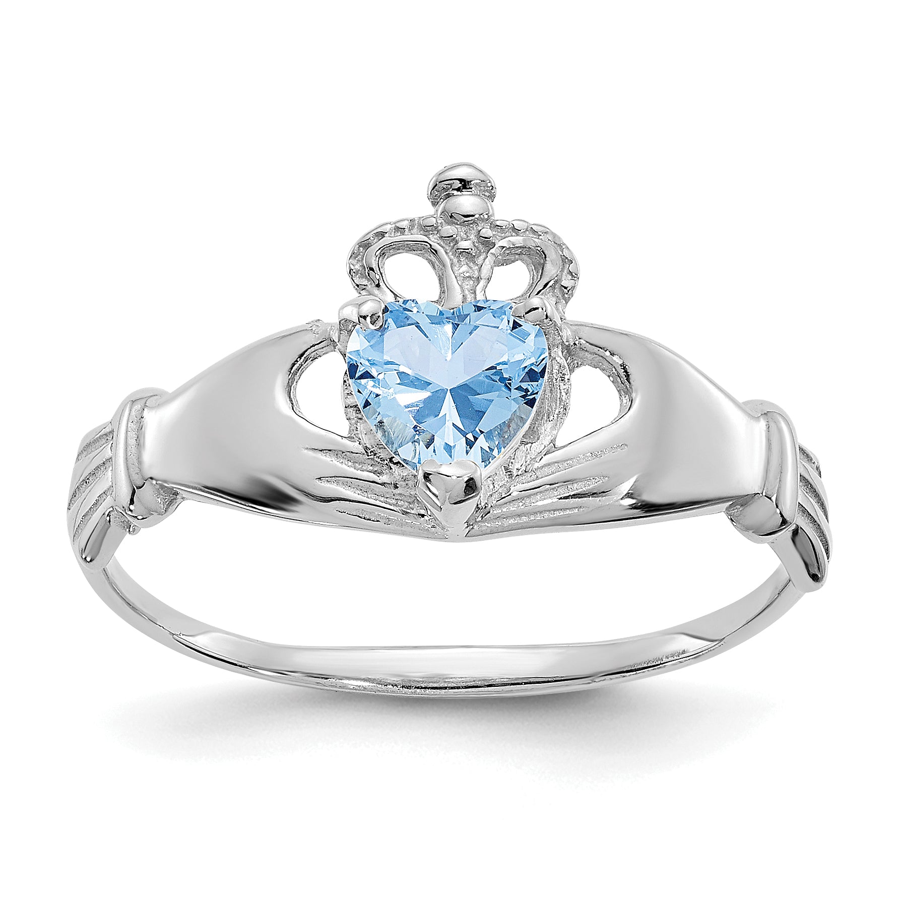 14k White Gold CZ March Birthstone Claddagh Heart Ring Main image