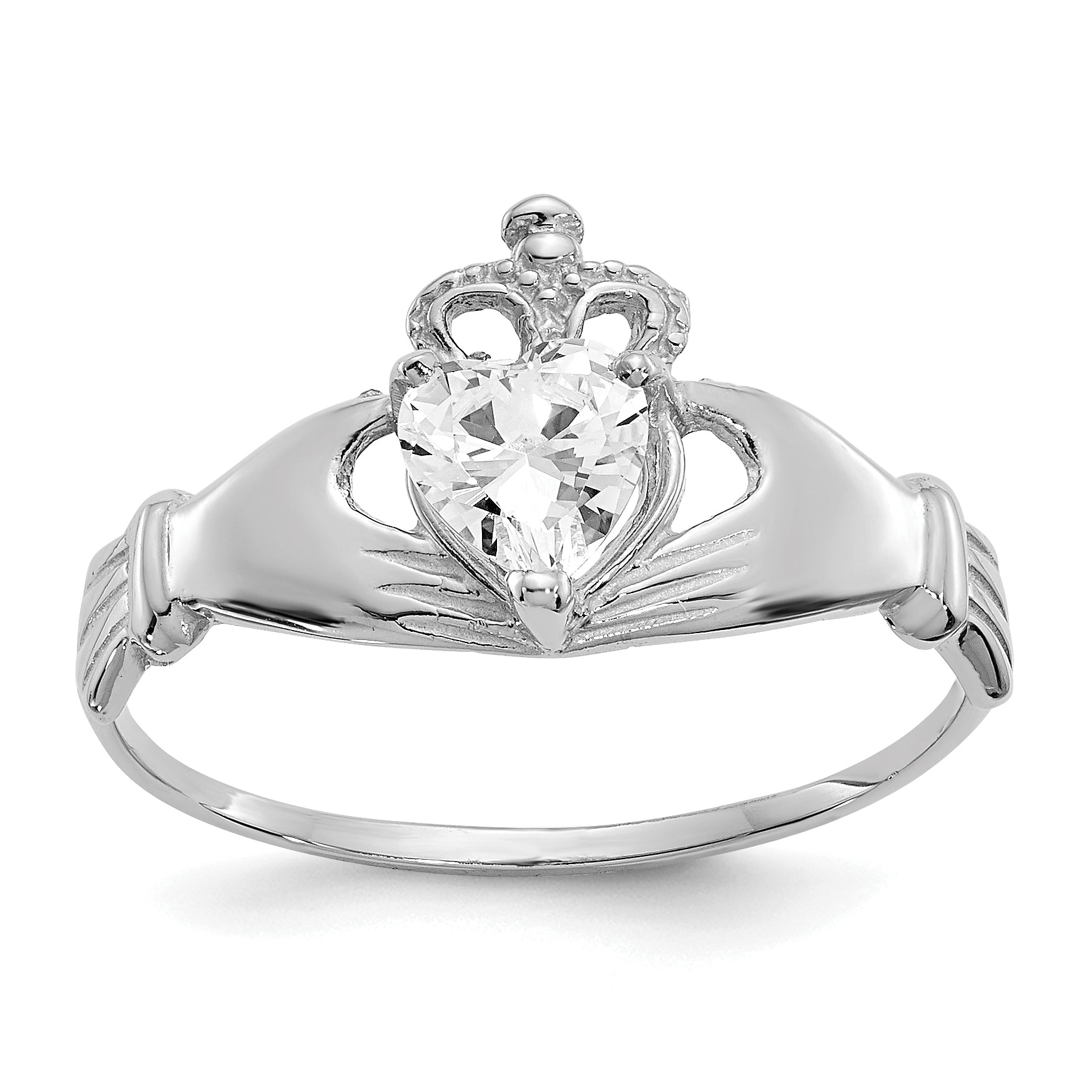 14k White Gold CZ April Birthstone Claddagh Heart Ring Main image