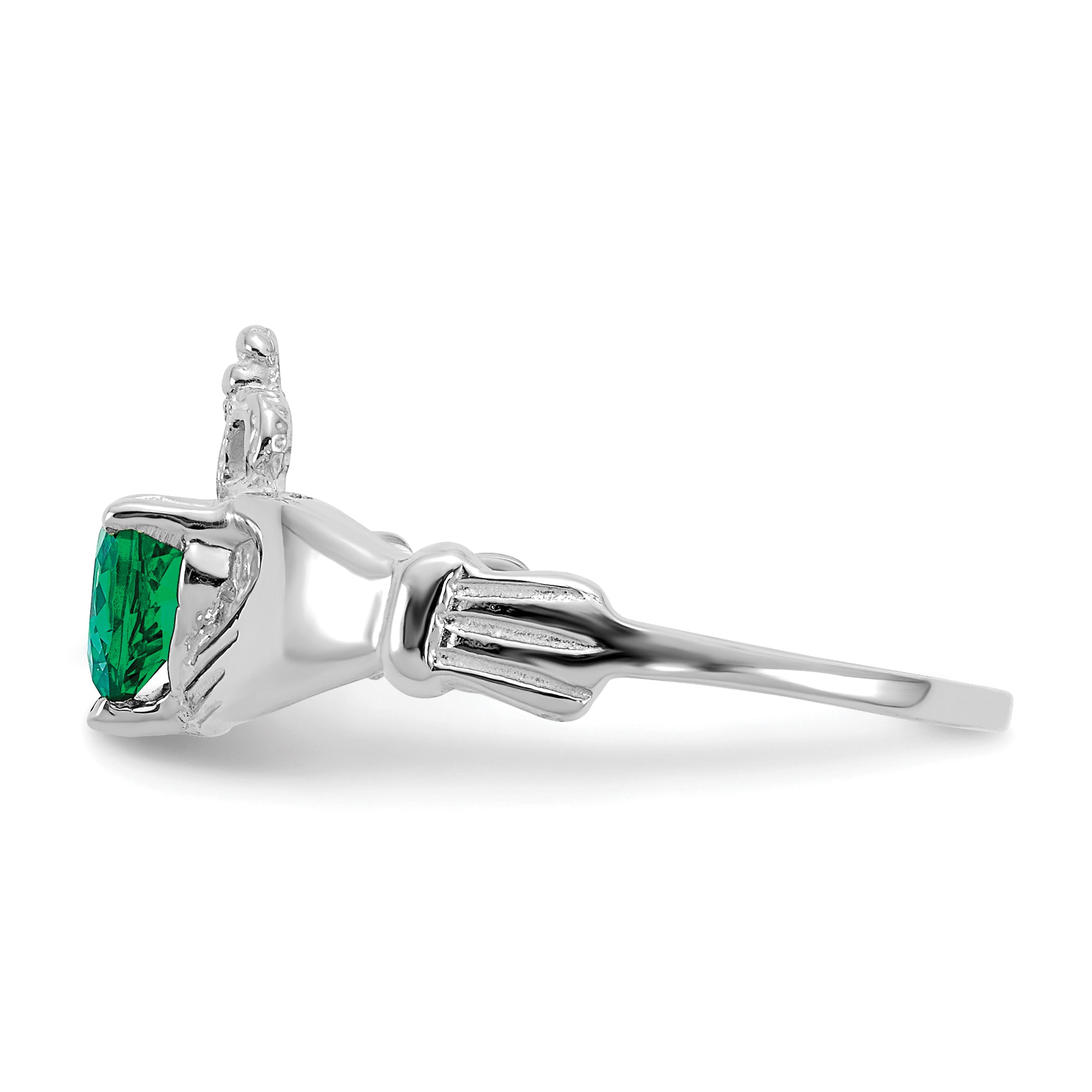 14k White Gold CZ May Birthstone Claddagh Heart Ring