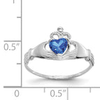 14k White Gold CZ September Birthstone Claddagh Heart Ring