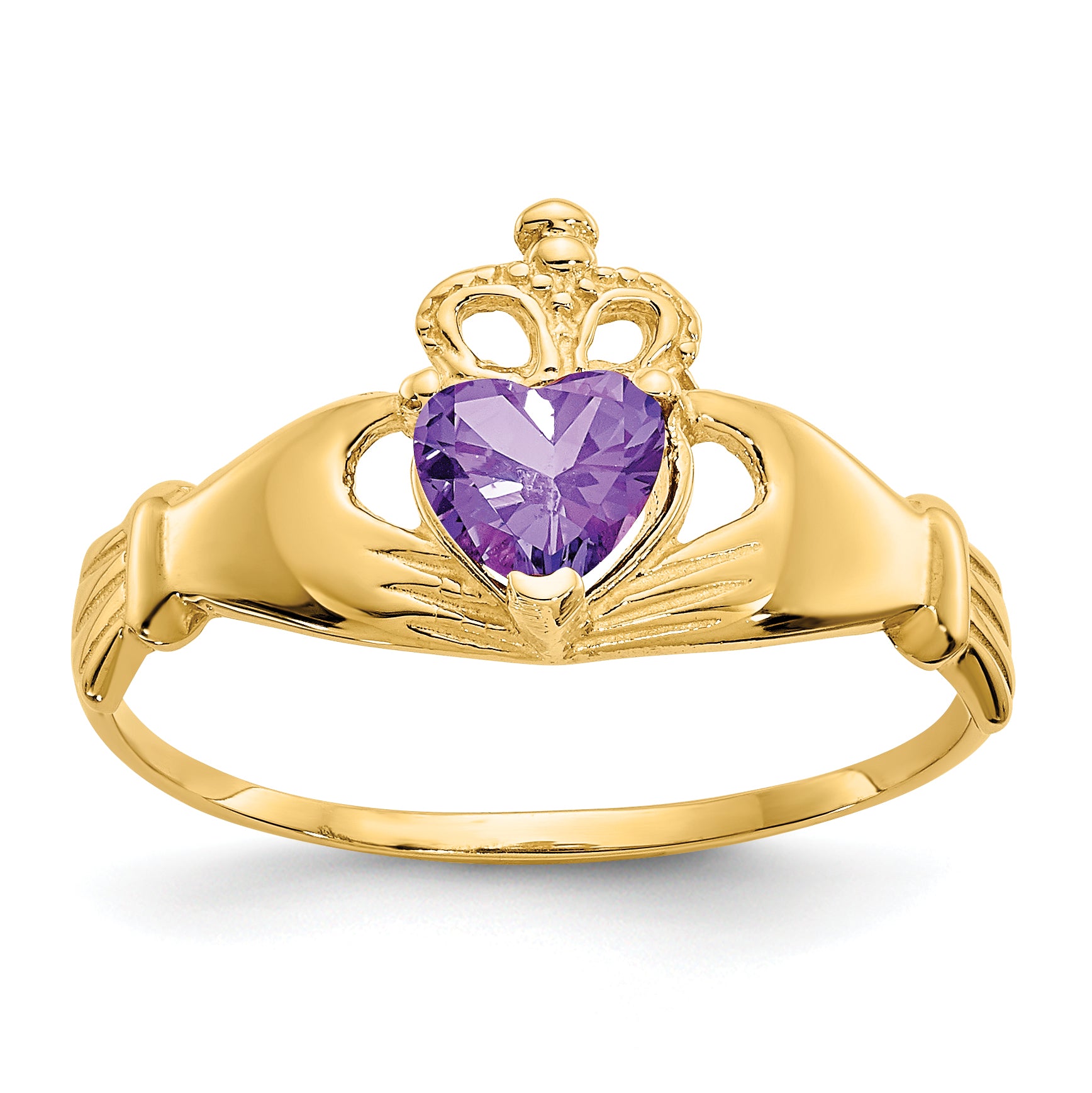 14k CZ February Birthstone Claddagh Heart Ring