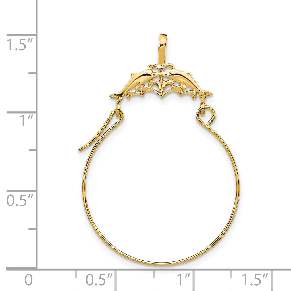 14K Gold Double Dolphins Charm Holder Pendant  Solid, Casted, Elegant Design
