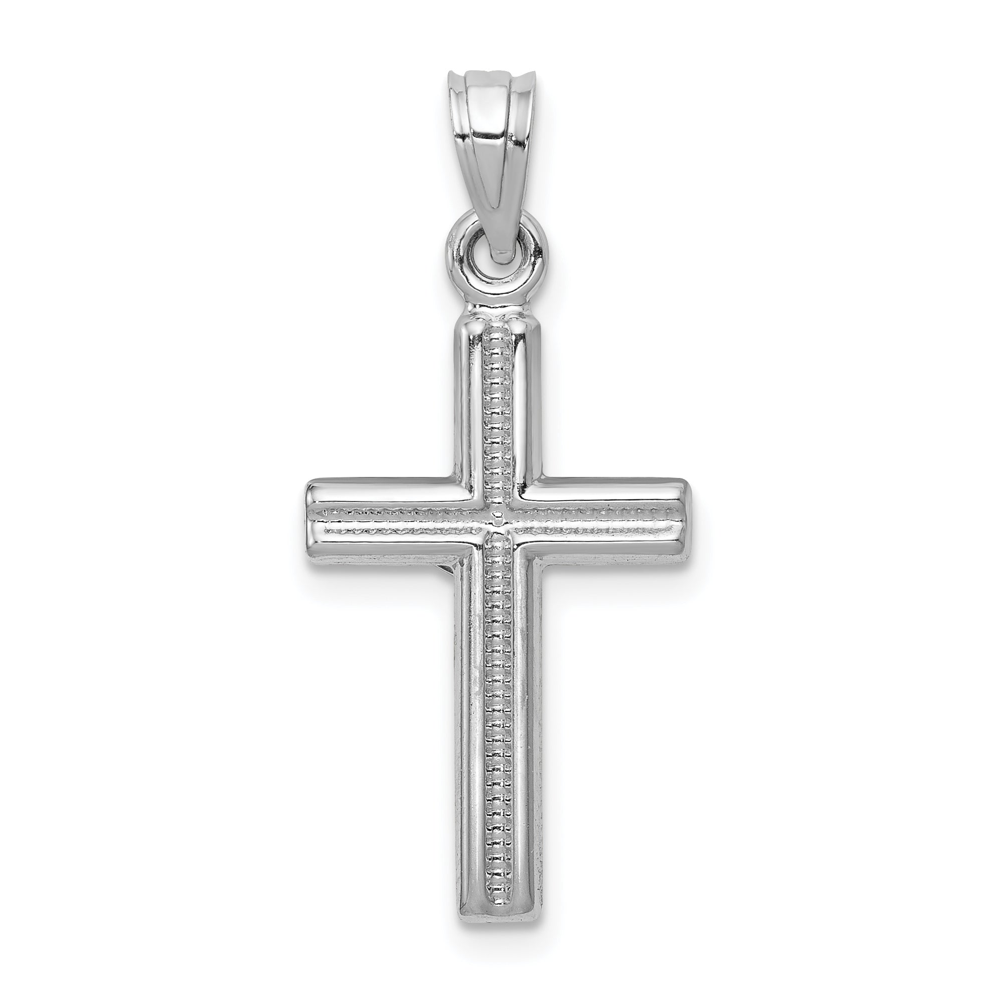 14K White Gold Hollow Crucifix Pendant with Polished Rhodium Finish