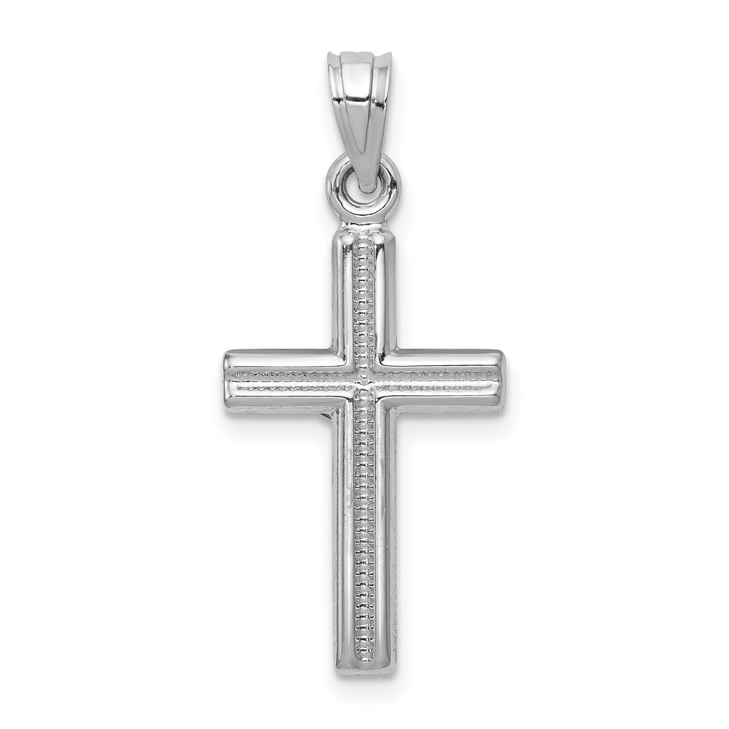 14K White Gold Hollow Crucifix Pendant with Polished Rhodium Finish