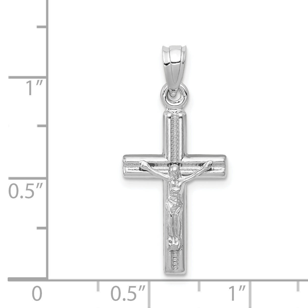 14K White Gold Hollow Crucifix Pendant with Polished Rhodium Finish