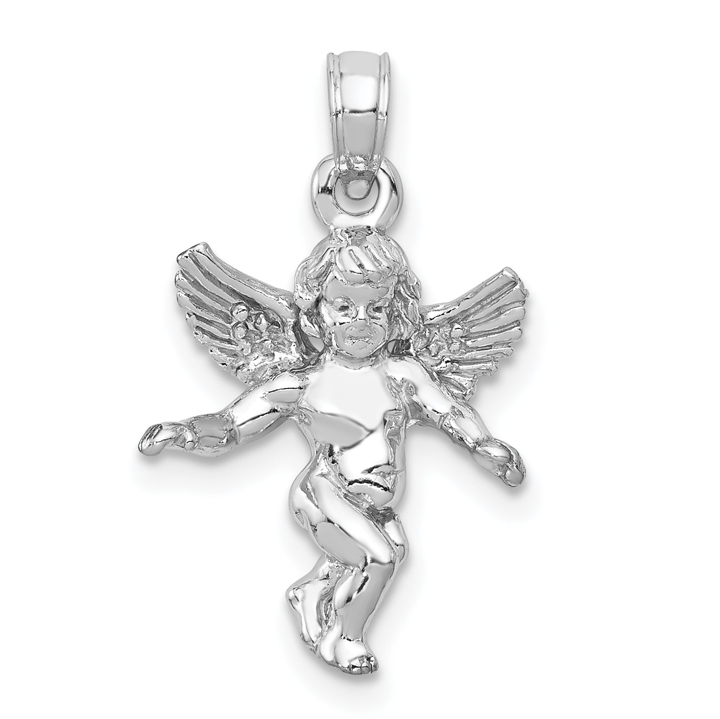 14K White Gold 3D Angel Pendant with Polished Rhodium Finish Symbolic Elegance