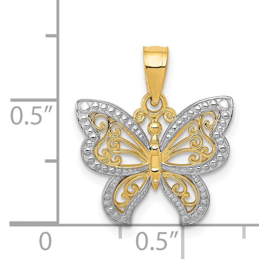 14K Gold and Rhodium Butterfly Charm with Polished Textured Finish ÃÂ¢Ã¢âÂ¬Ã¢â¬Â Elegant Nature-Inspired Jewelry