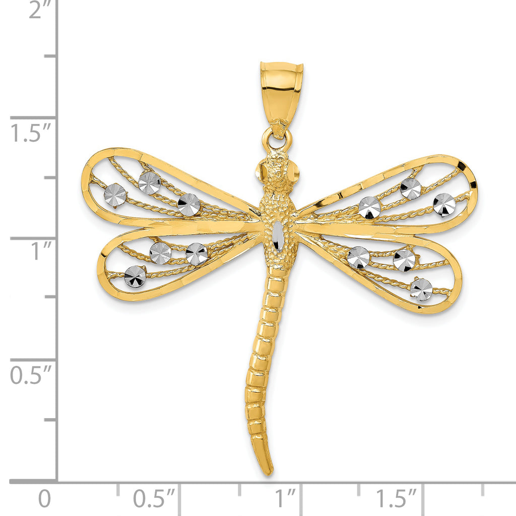 14K Gold Diamond-Cut Dragonfly Pendant with Rhodium Filigree Detailing
