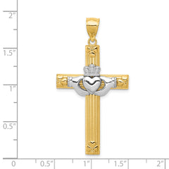 14K Two-Tone Gold Claddagh Cross Pendant with Polished Finish Solid Design