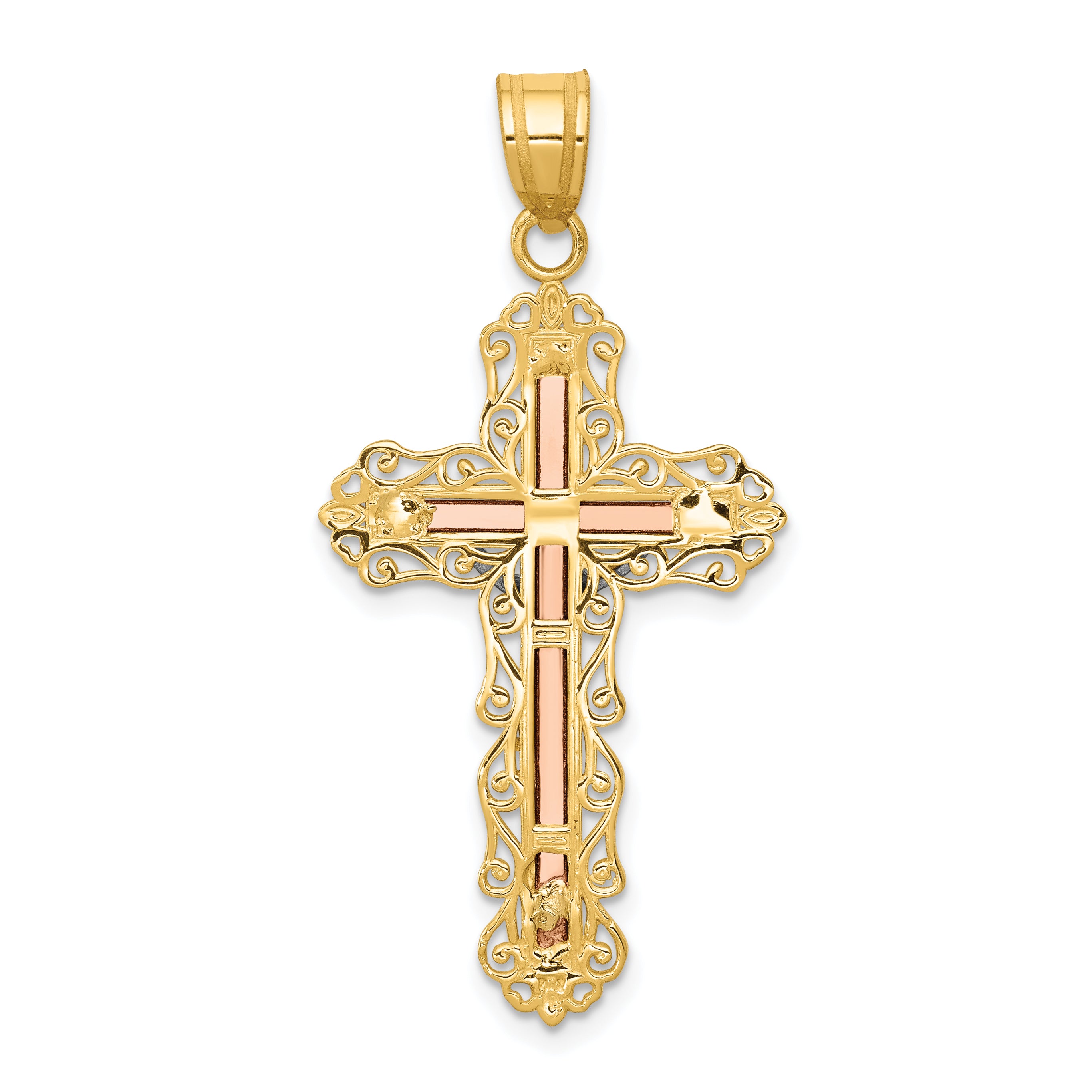 14K Tri-Color Gold Crucifix Pendant with Diamond-Cut Detailing 43mm