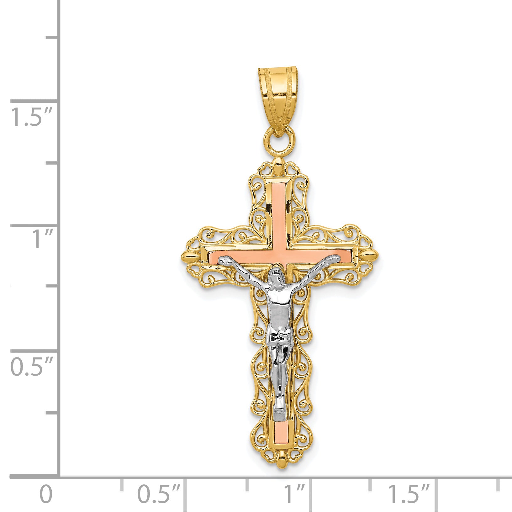 14K Tri-Color Gold Crucifix Pendant with Diamond-Cut Detailing 43mm
