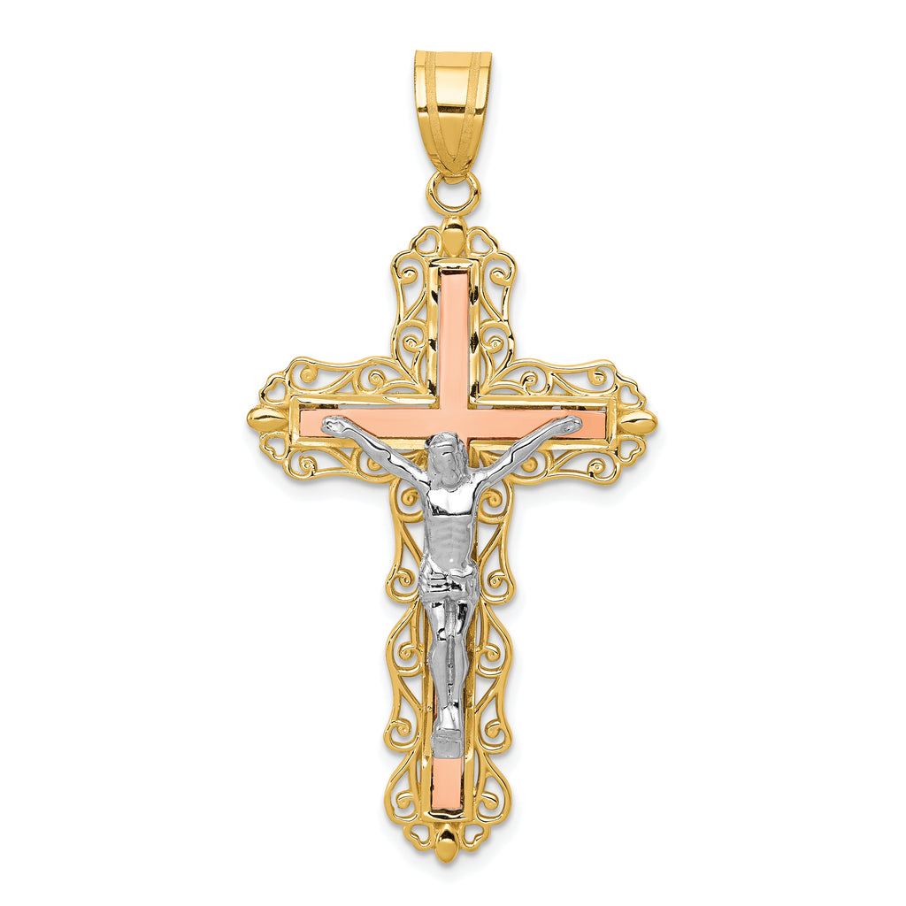 14K Tri-color Diamond-cut Crucifix Pendant