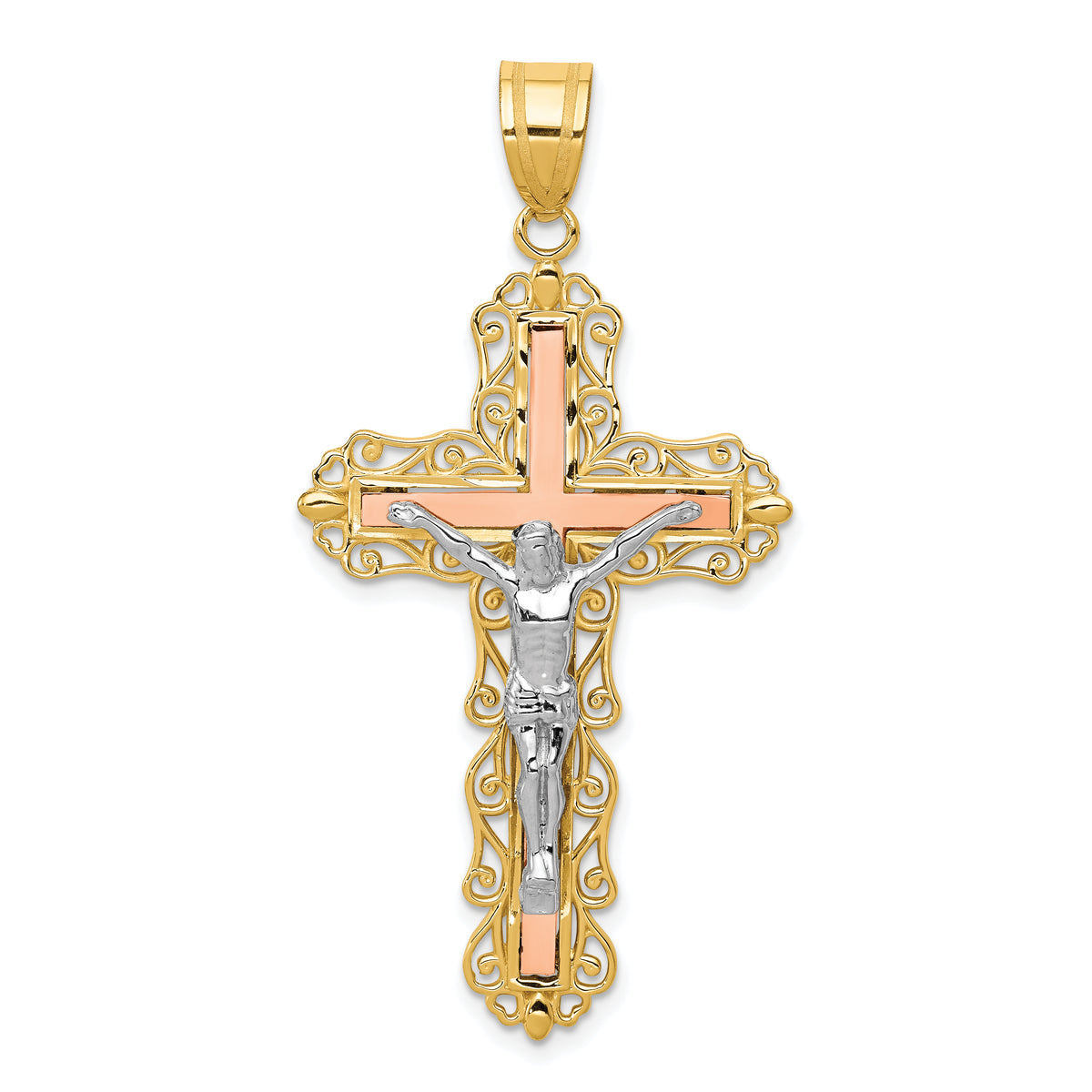 14K Tri-color Diamond-cut Crucifix Pendant
