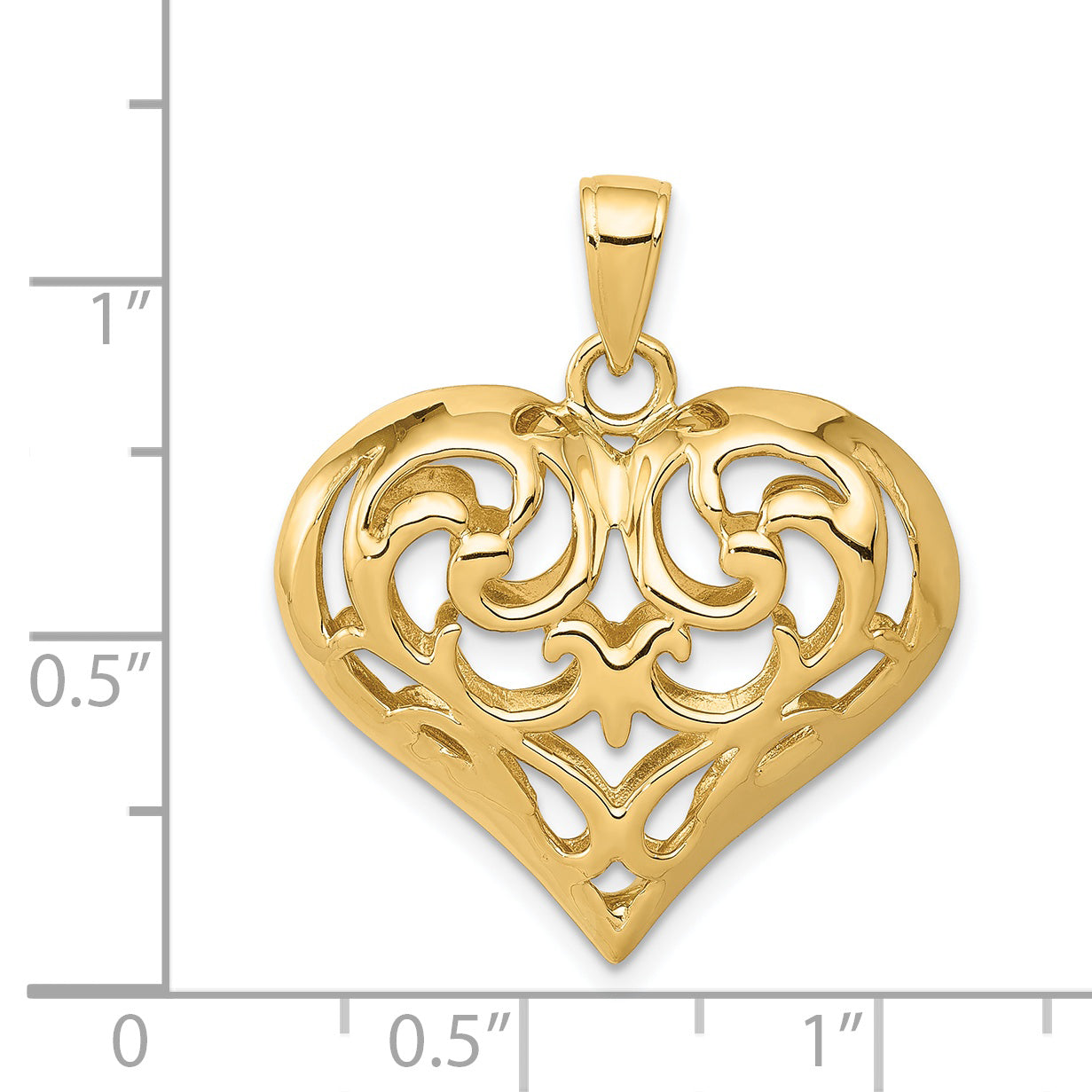 14K Gold Polished 3D Filigree Heart Pendant with Elegant Puffed Design