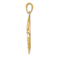 14K Gold Hummingbird Pendant in Polished Round Frame, Elegant and Solid Design
